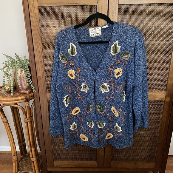 Vintage Sweaters - Vintage ▪️ Blue Knitted Cardigan Embroidered ▪️ 2x